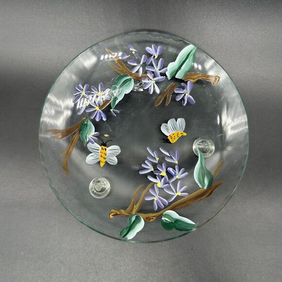 Hand Painted Glass Plate Bees Purple Flowers Decorative Floral Botanical Footed - Picture 2 of 9